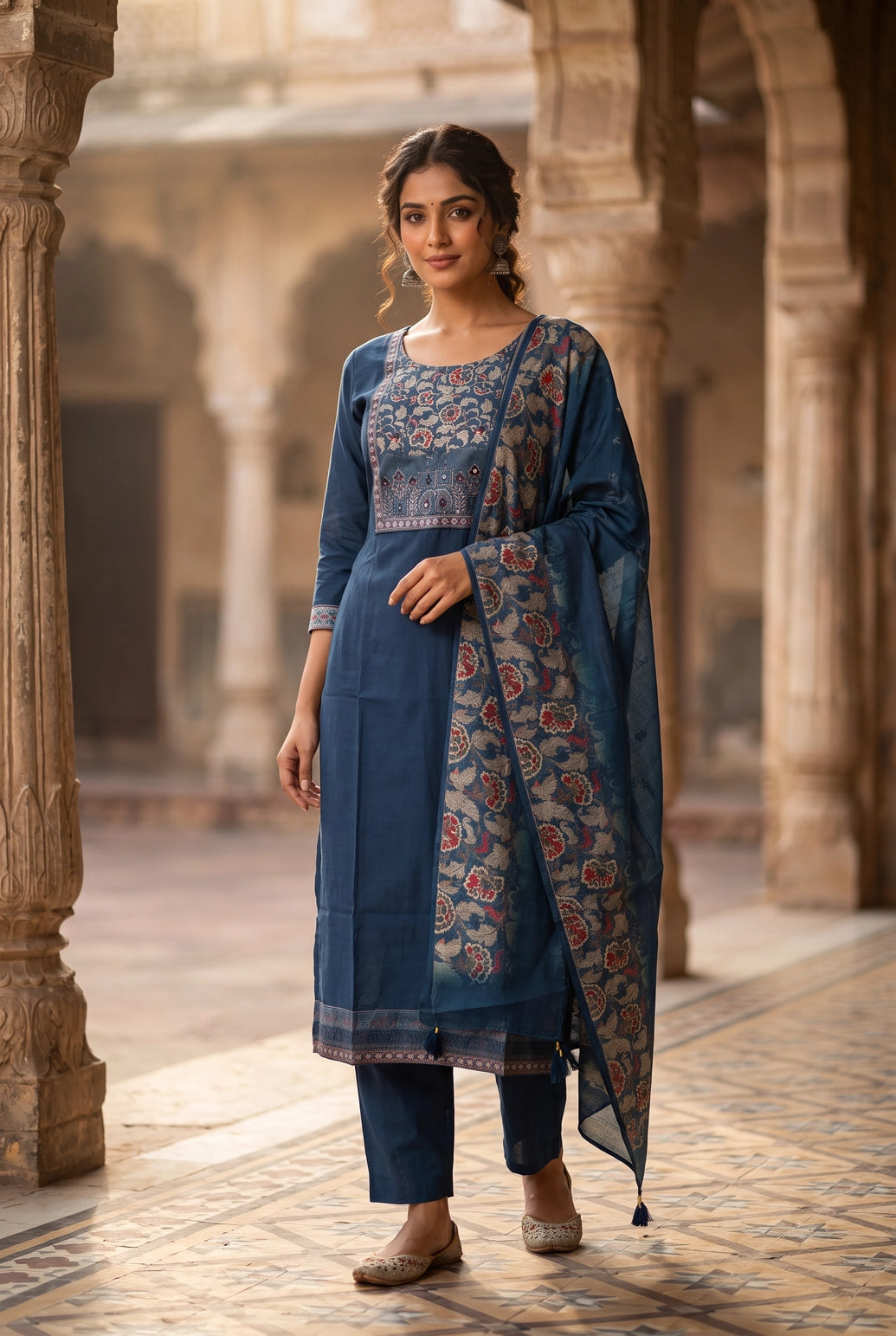 Navy Blue Cotton 3-Piece Kurti Set with Embroidered Floral Work, Elastic Pant & Jacquard Dupatta - Navy Blue