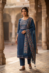 Navy Blue Cotton 3-Piece Kurti Set with Embroidered Floral Work, Elastic Pant & Jacquard Dupatta - Navy Blue