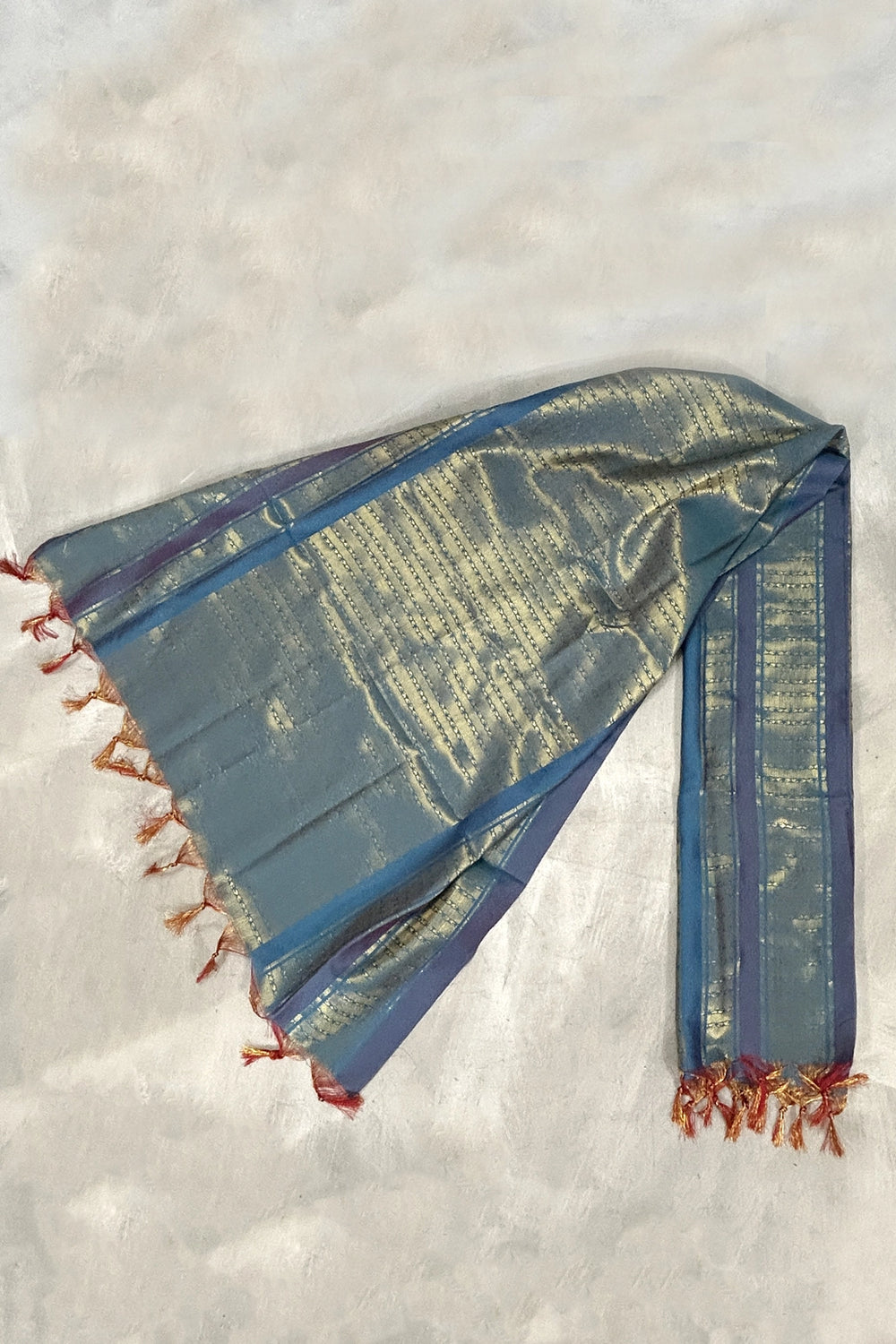 Sky Blue Ponnadai Poly Silk Jacquard Temple Shawl with Zari Pattern & Tassels for Pooja Weddings Functions - Sky Blue
