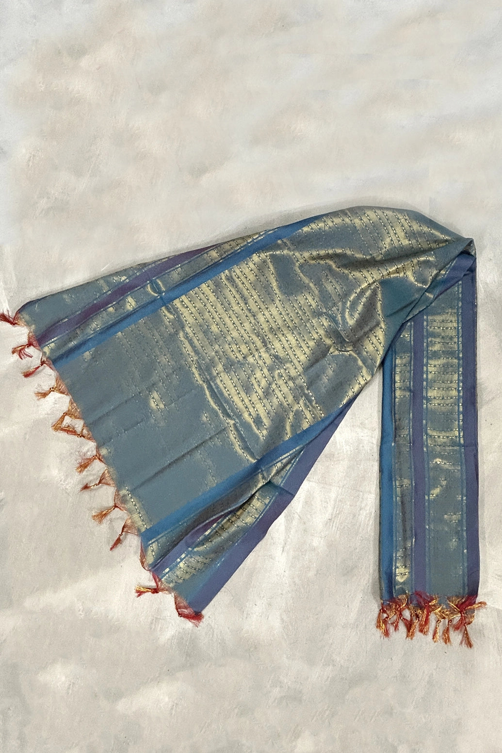 Sky Blue Ponnadai Poly Silk Jacquard Temple Shawl with Zari Pattern & Tassels for Pooja Weddings Functions - Sky Blue