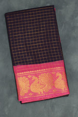 Dark Purple Sungudi Cotton Saree with Pink Peacock Gold Zari Double Border Saree JCS Fashions Dark Purple 5.5 meters
