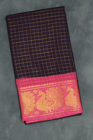 Dark Purple Sungudi Cotton Saree with Pink Peacock Gold Zari Double Border