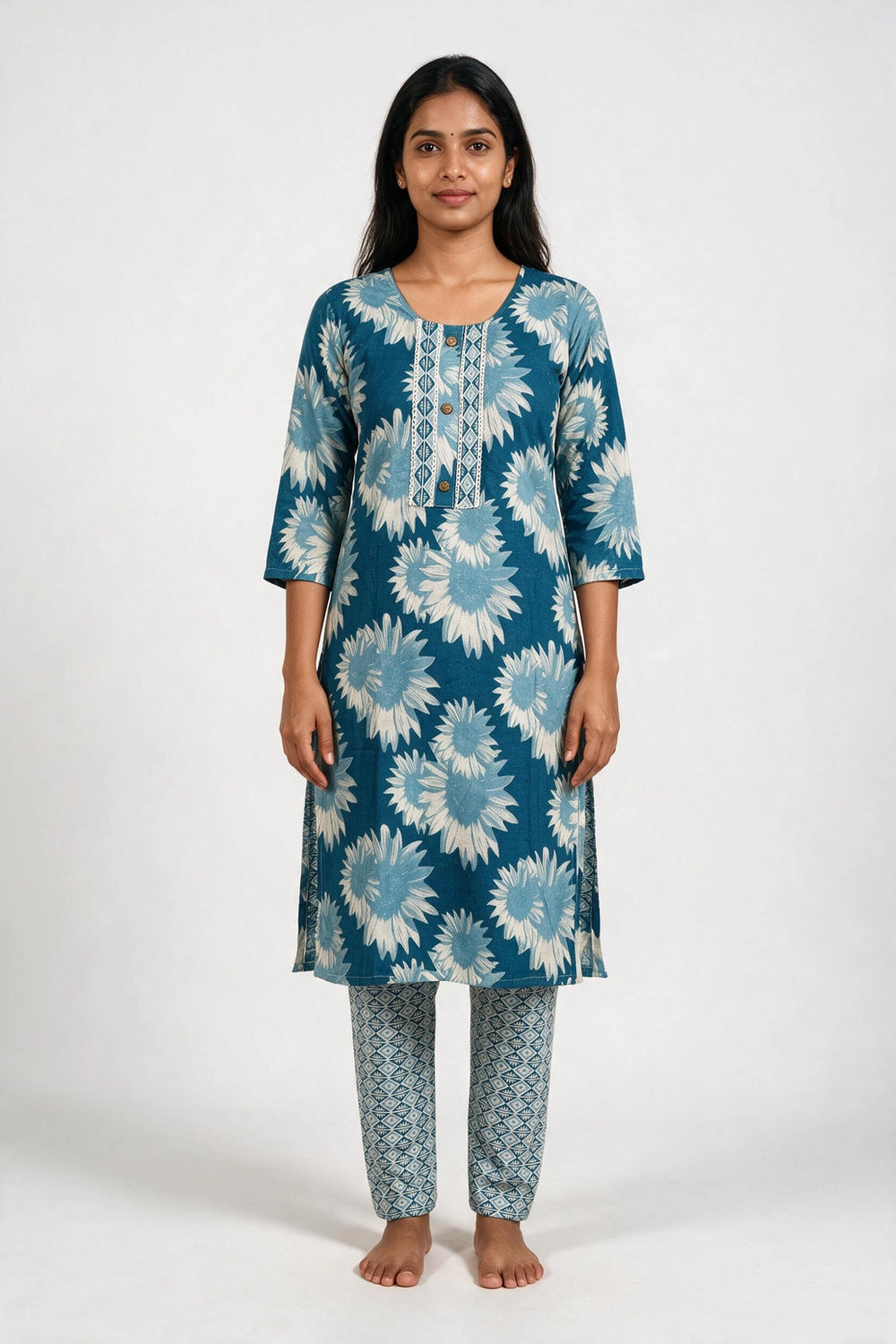 Sky Blue Floral Cotton Kurti with Elastic Pant - 2 Piece Set with Lace & Button Details - Sky Blue