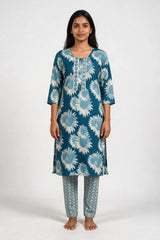 Sky Blue Floral Cotton Kurti with Elastic Pant - 2 Piece Set with Lace & Button Details - Sky Blue
