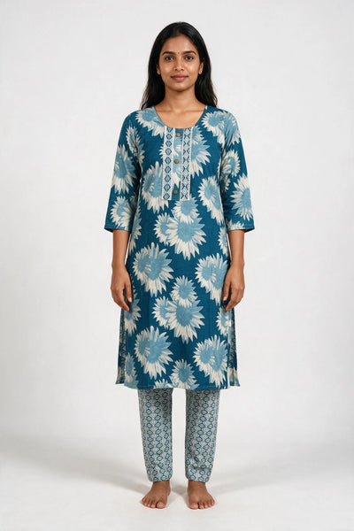 Sky Blue Floral Cotton Kurti with Elastic Pant - 2 Piece Set with Lace & Button Details - Sky Blue