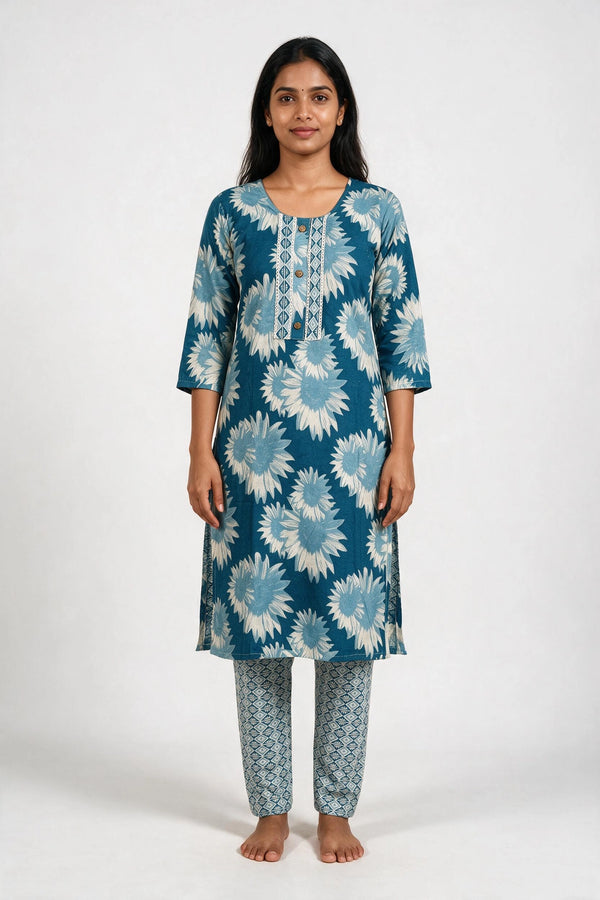 Sky Blue Floral Cotton Kurti with Elastic Pant - 2 Piece Set with Lace & Button Details - Sky Blue