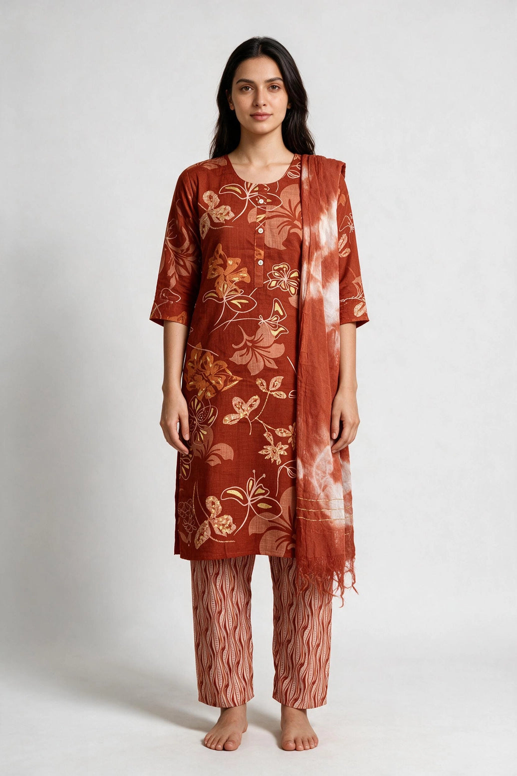 Rusty Orange Floral Cotton Kurti Set with Elastic Pant & Matching Dupatta - Rusty Orange