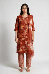 Rusty Orange Floral Cotton Kurti Set with Elastic Pant & Matching Dupatta - Rusty Orange