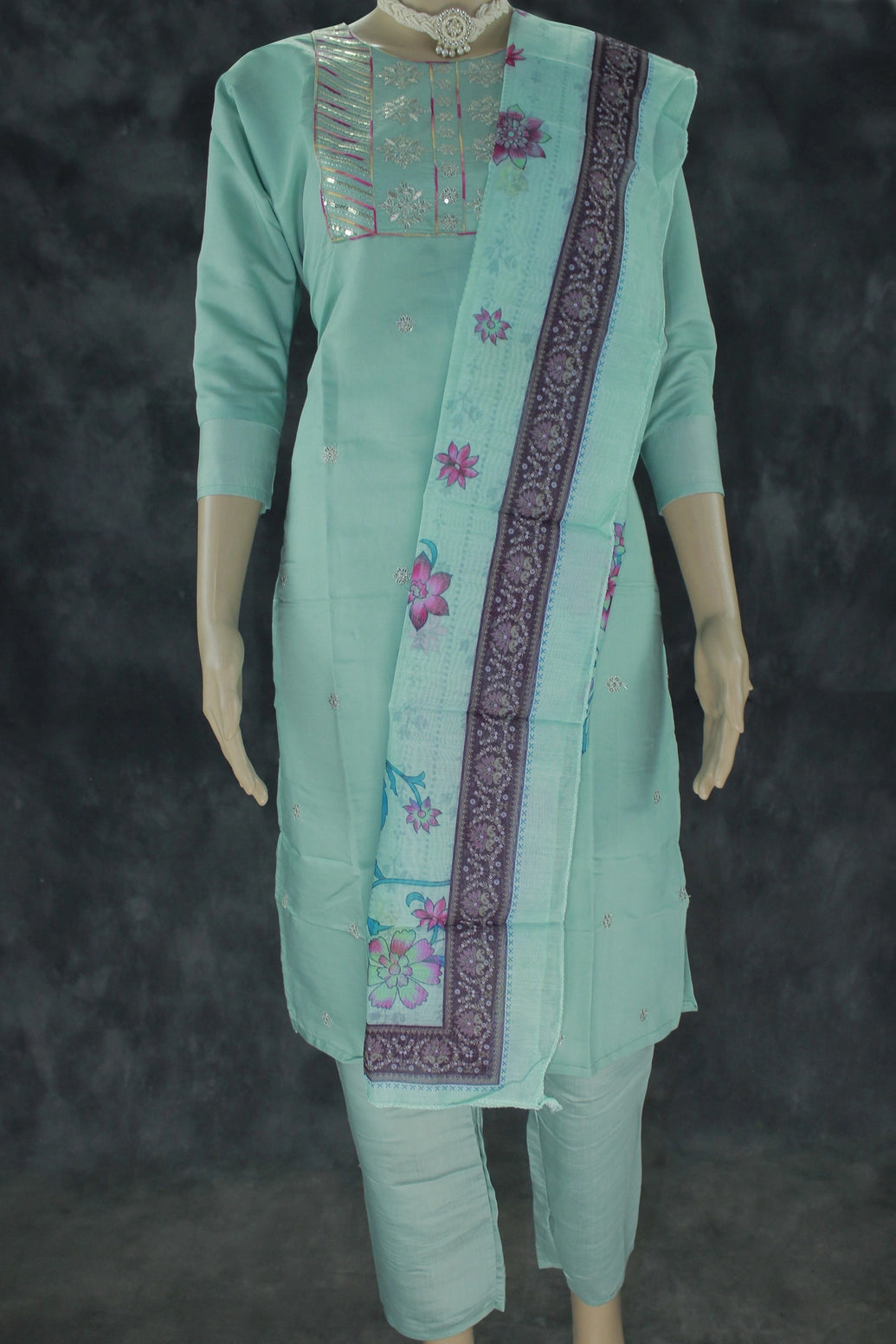Sea Green Roman Silk 3-Piece Kurti Set with Bead Handwork and Embroidered Yoke, Printed Dupatta Kurti JCS Fashions Sea Green X-Large (42)