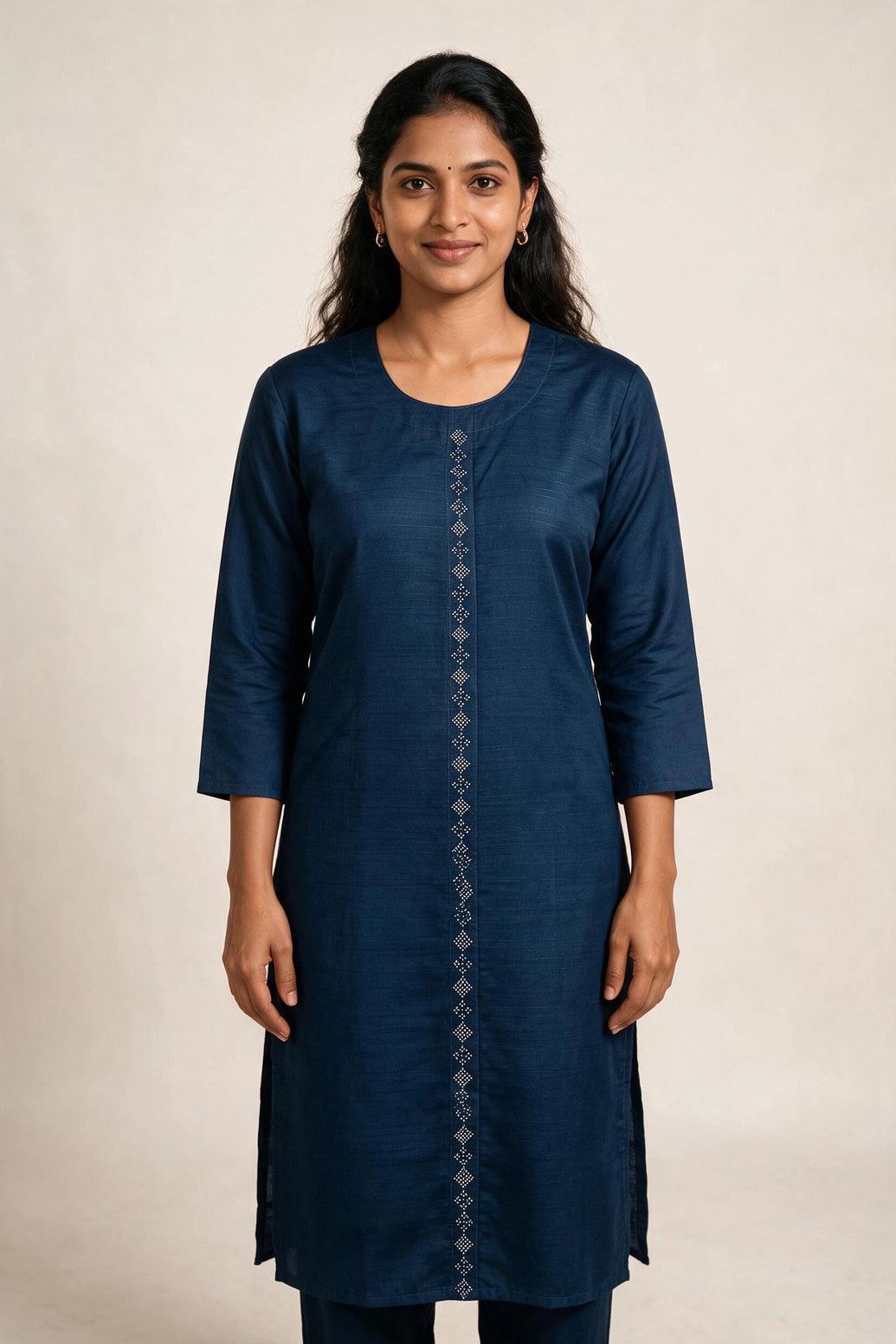 Navy Blue Cotton Kurti with Vertical Diamond-Pattern Embellishment, Round Neck and Three-Quarter Sleeves - Navy Blue