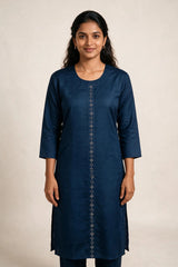Navy Blue Cotton Kurti with Vertical Diamond-Pattern Embellishment, Round Neck and Three-Quarter Sleeves - Navy Blue