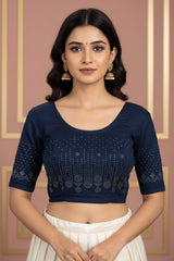 Navy Blue Readymade Designer Stretch Blouse with Stone Work Floral Geometric Pattern and Elbow Sleeves - Navy blue