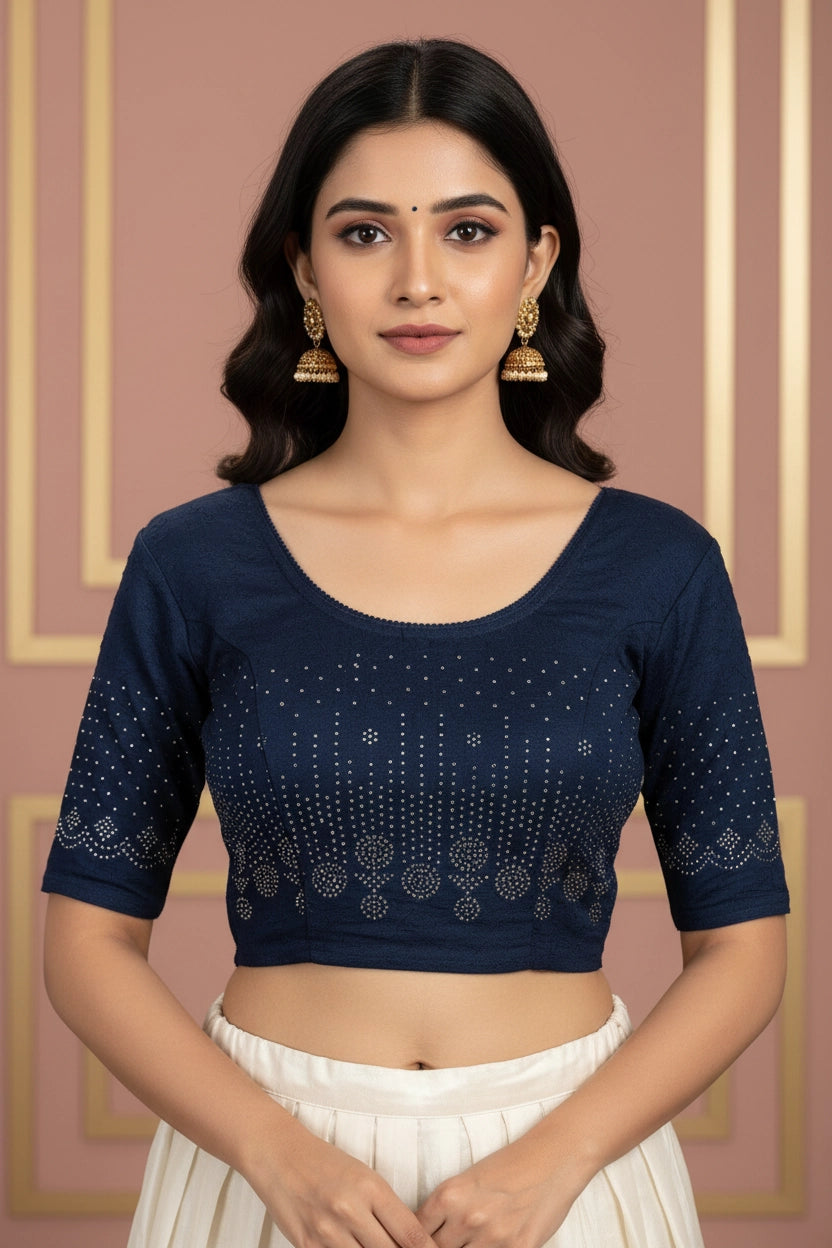 Navy Blue Readymade Designer Stretch Blouse with Stone Work Floral Geometric Pattern and Elbow Sleeves - Navy blue