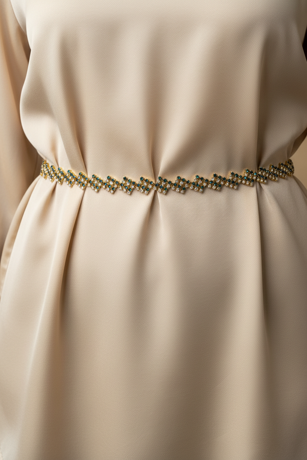 Gold-Tone Zigzag Crystal Hip Chain with Green Stones - Adjustable Waist Belt