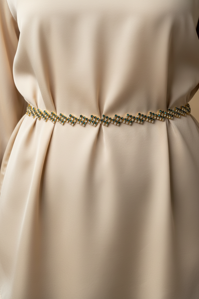 Gold-Tone Zigzag Crystal Hip Chain with Green Stones - Adjustable Waist Belt
