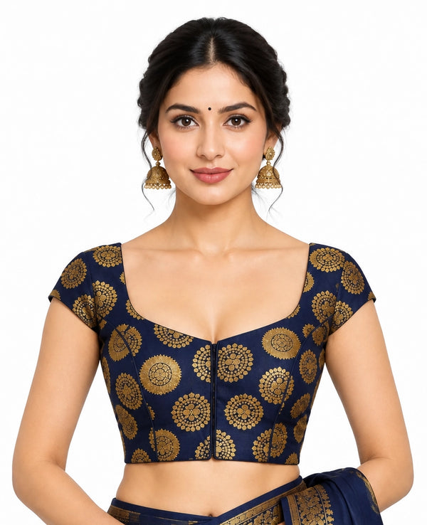 Navy Blue Readymade Designer Padded Blouse with Gold Floral Weave, V-Neck Short Sleeves and Back Knot for Saree - Navy blue
