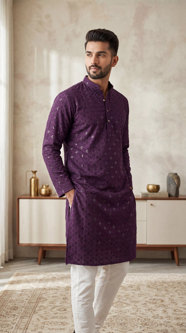 Men Purple Lakhnavi Kurta with All-Over Motif and Stand Collar for Festive Wear - Purple