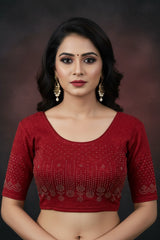 Red Readymade Designer Stretchable Blouse with Stonework Floral & Geometric Pattern - Red