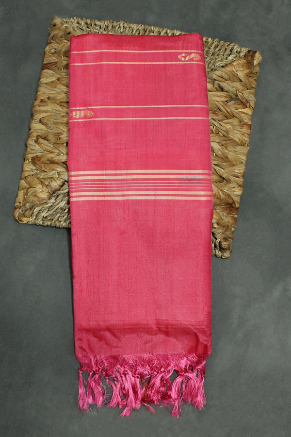 Vaazhai Naar (Banana Pith) Light Yellow Saree with Pink Pallu and Small Butta Motifs - Borderless Traditional Saree - Light Yellow
