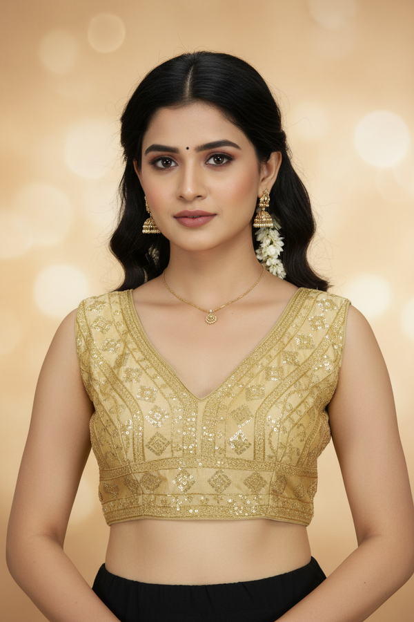 Sandal Gold-Tone Embroidered Padded Sleeveless Blouse with Sequin Work and Back Knot