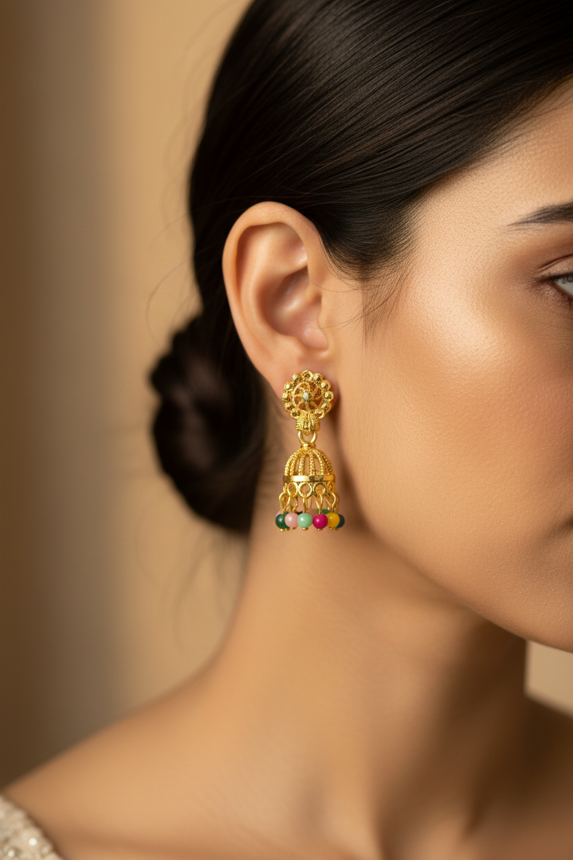 Gold Plated Multicolor Beaded Jhumka Earrings - Stylish Ethnic Accessory