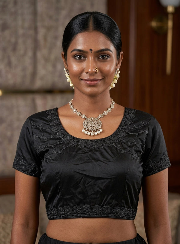 Black Floral Embroidered Padded Designer Short Sleeve Blouse with Back Knot & Back Open - Black