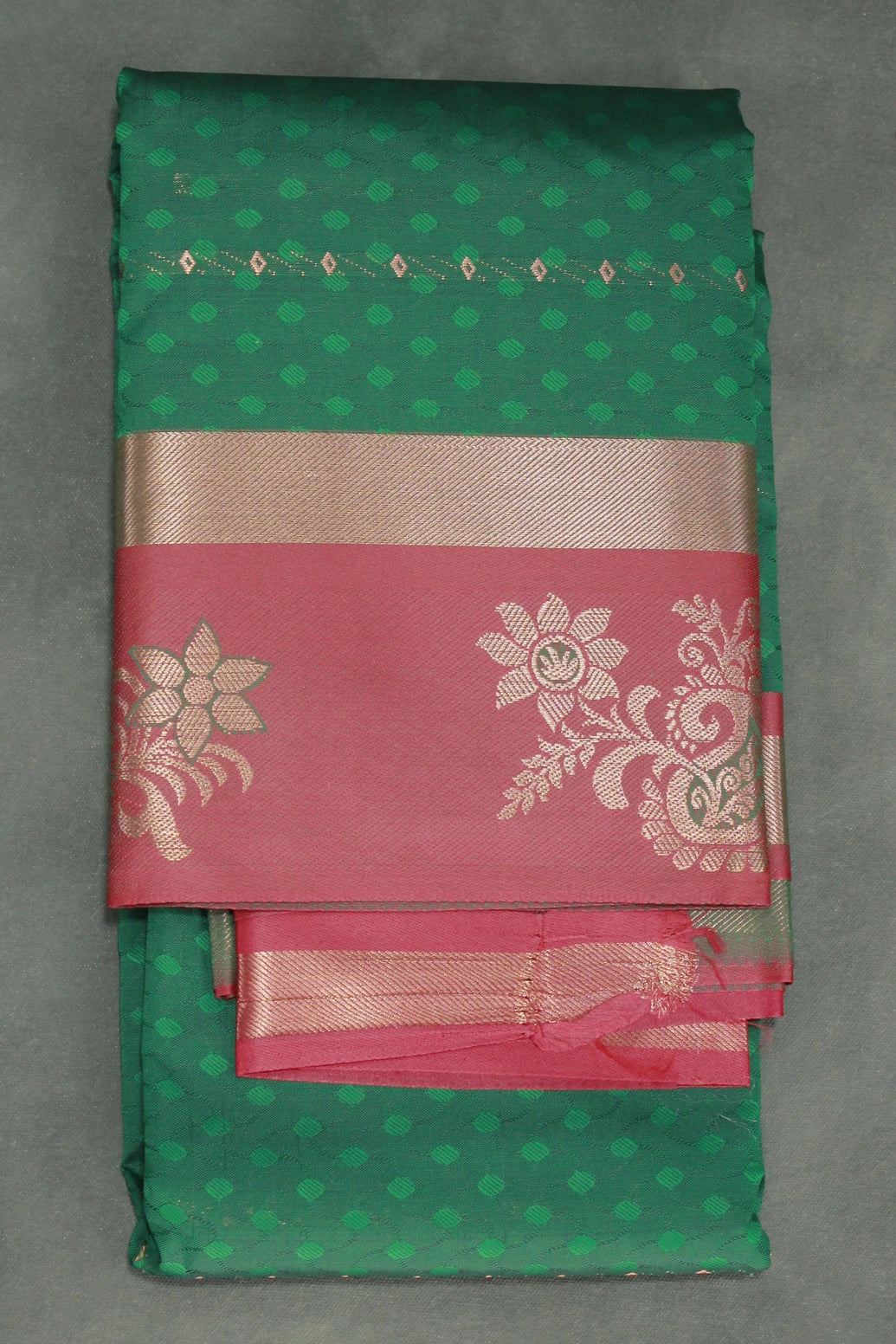 Green Emboss Silk Saree with Floral Design Satin Border and Matching Blouse - Green
