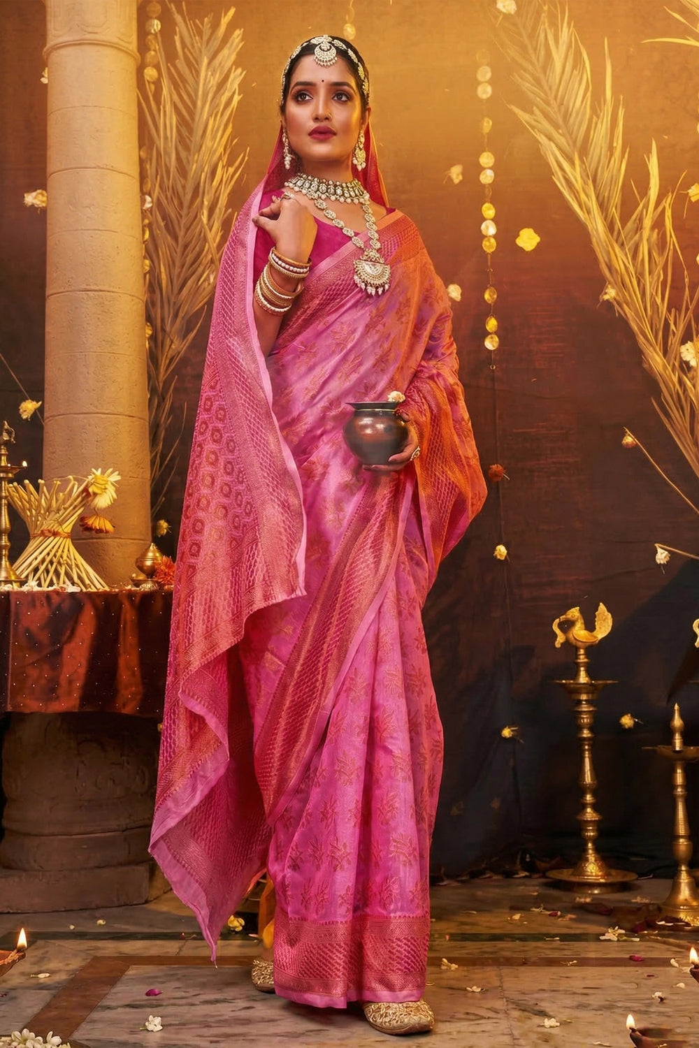 Orange Cotton Shimmer Saree with Stone Work & Grand Pallu, Designer Saree with Blouse for Festive Wear - Orange