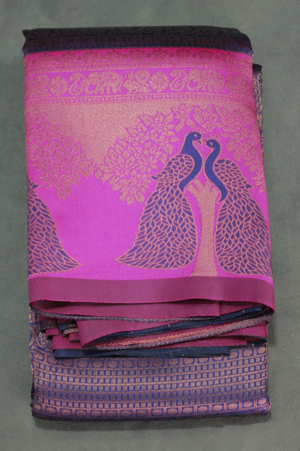 Dark Blue Kubera Silk Saree with Peacock Border and Blouse, Semi Silk Traditional Wear - Dark Blue
