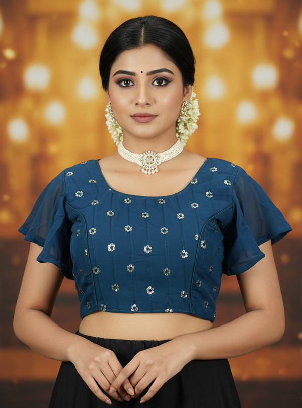 Navy Blue Designer Padded Blouse with Embroidery Work, Sleeve less and Back Knot, Fully Stitched Saree Wear
