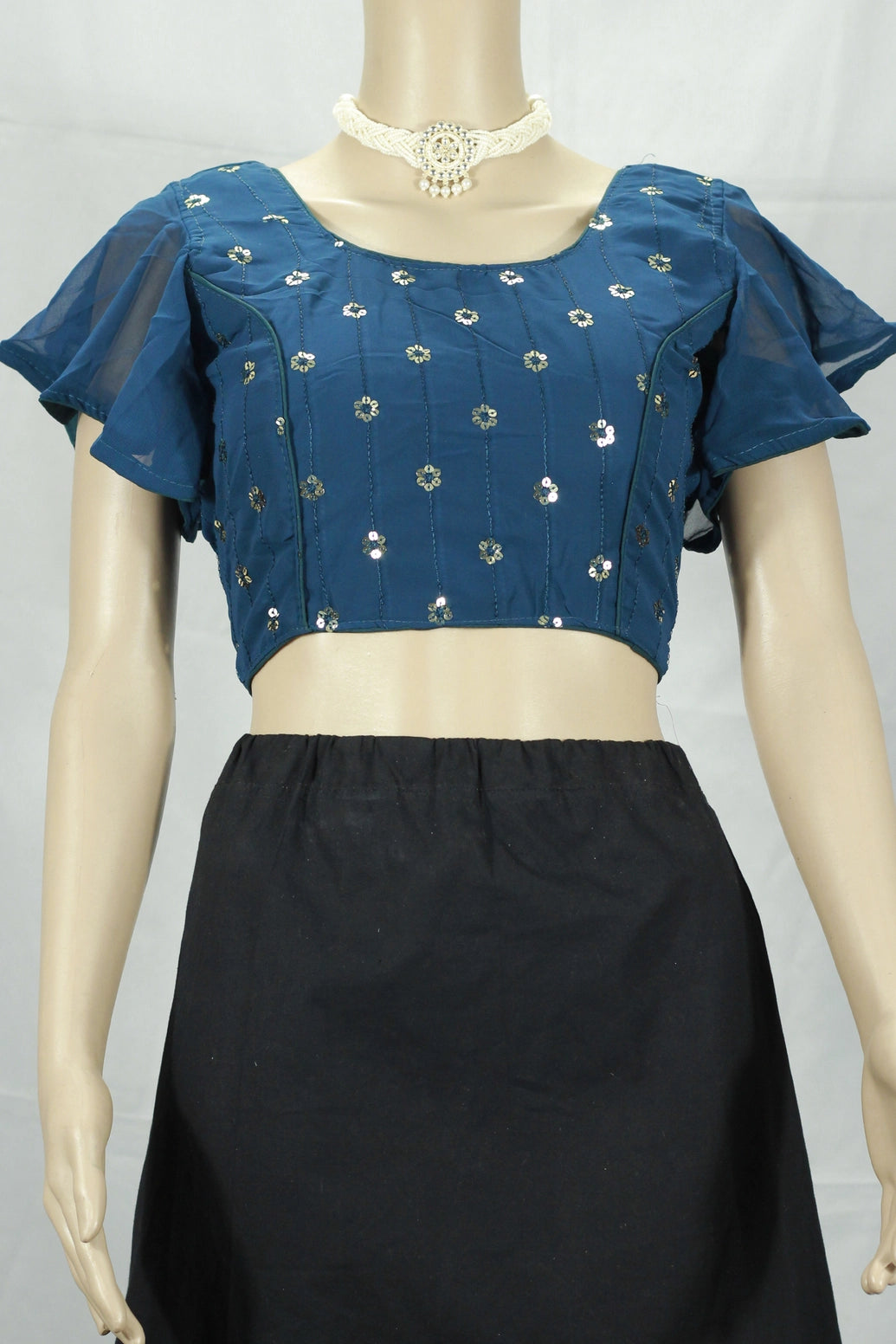 Navy Blue Designer Padded Blouse with Embroidery Work, Sleeve less and Back Knot, Fully Stitched Saree Wear - Navy blue