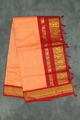 Silk cotton sarees with grand pallu and thick Zari border both sides. Full body small butties. With blouse - Orange & Red