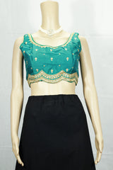 Teal Blue Sequin Floral Padded Sleeveless Readymade Designer Blouse with Back Knot, Fully Stitched - Teal Blue