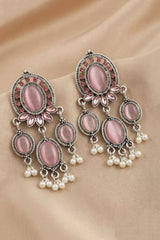 Light Pink Oval Stone Oxidized Silver-Tone Fashion Earrings with Pearl Bead Drops for Women - Light pink