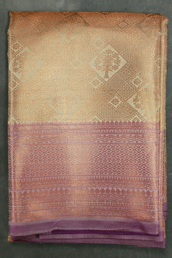 Cream Bridal Kubera Pattu Silk Saree with Grand Pallu & Full Body Zari Work, Comes with Blouse - Cream