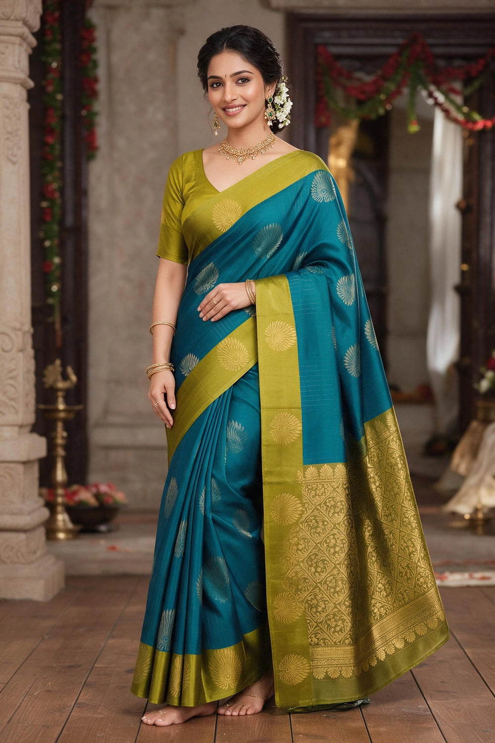 Yellow & Teal Soft Silk Saree with Contrast Border and Zari-Style Details for Women - Yellow & Teal