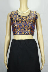 Navy Blue Designer Padded Blouse with Zari Woven Motifs, Sleeveless Back Knot, Ready-to-Wear - Navy blue