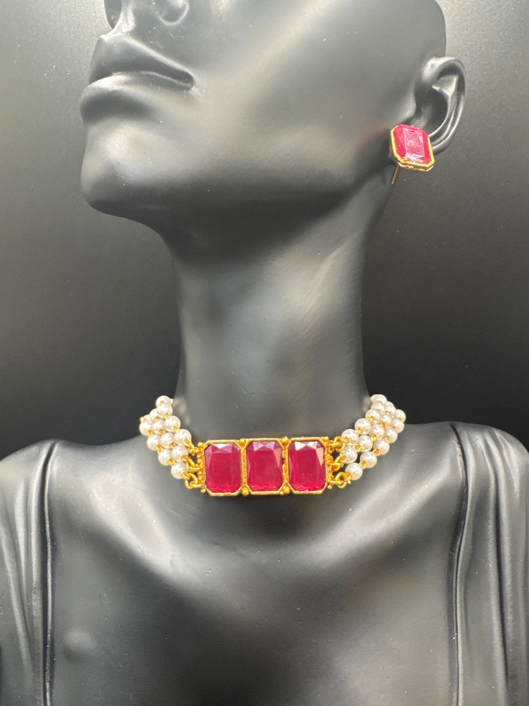 Gold-Tone Pearl Choker Necklace Set with Imitation Stones and Matching Stud Earrings Jewelry JCS Fashions Red 7 inch