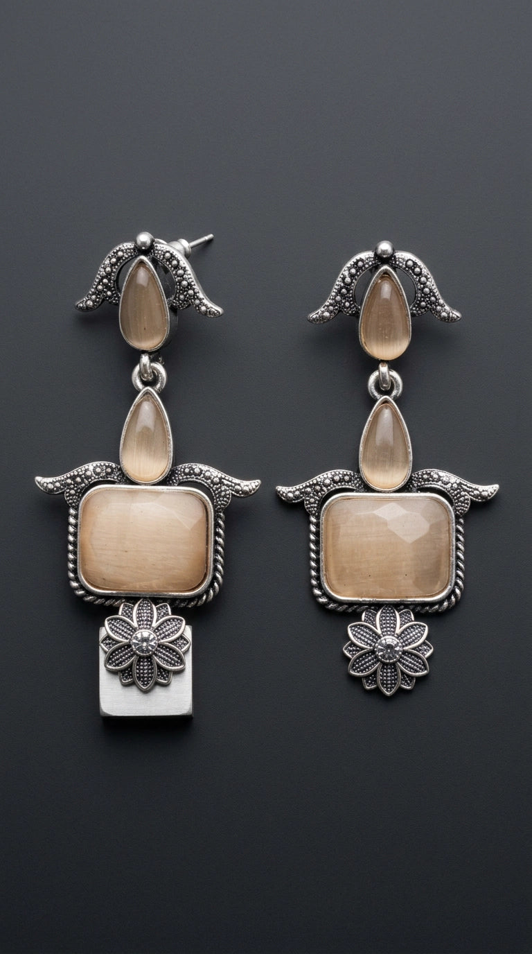 Peach Oxidised Silver Long Drop Earrings with Stone Motifs for Traditional Ethnic Wear - Peach