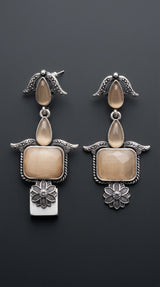 Peach Oxidised Silver Long Drop Earrings with Stone Motifs for Traditional Ethnic Wear - Peach