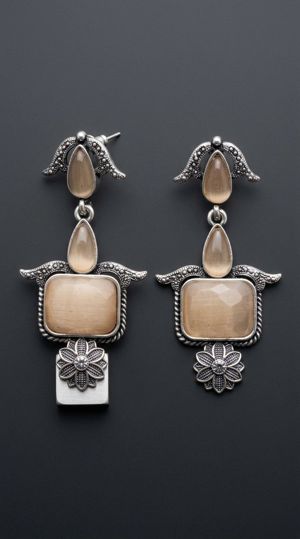 Peach Oxidised Silver Long Drop Earrings with Stone Motifs for Traditional Ethnic Wear - Peach
