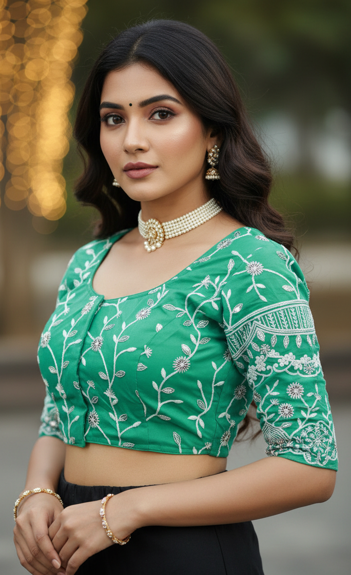 Sea Green Designer Padded Blouse with White Aari Floral Embroidery, Elbow Sleeves & Back Knot