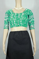 Sea Green Designer Padded Blouse with White Aari Floral Embroidery, Elbow Sleeves & Back Knot - Sea Green