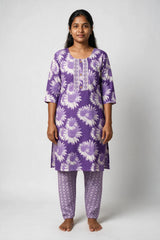 Lavender Floral Cotton Kurti with Elastic Pant Set for Women (2-Piece) - Lavender