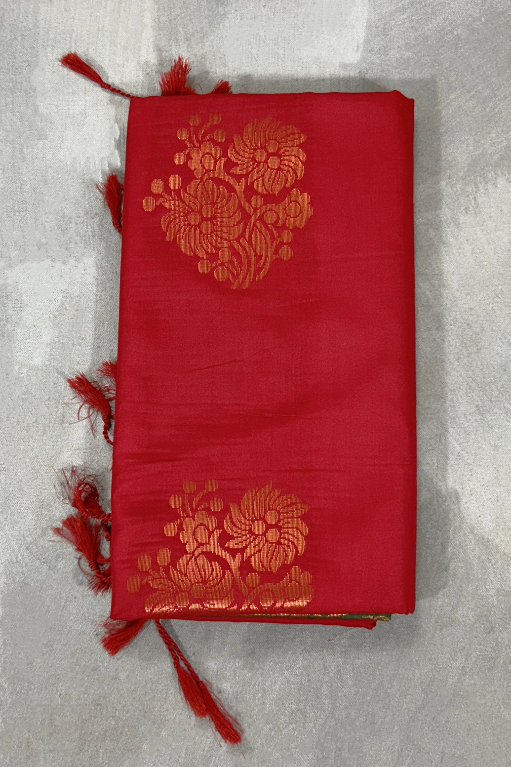 Red Korvai Soft Silk Saree with Gold Zari Buttas and Floral Border, Blouse Included - Red