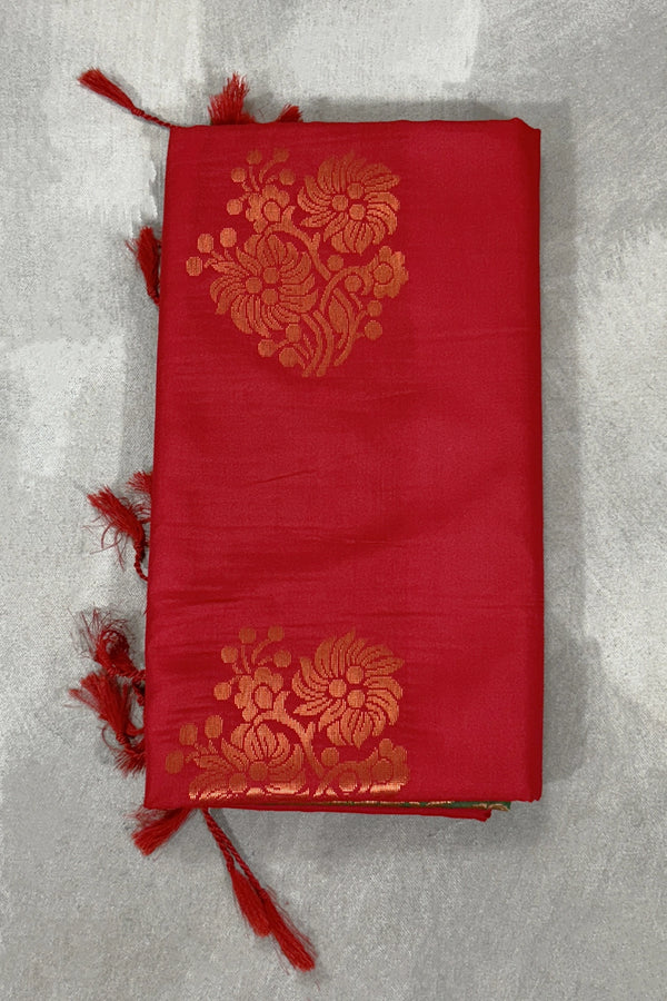 Red Korvai Soft Silk Saree with Gold Zari Buttas and Floral Border, Blouse Included - Red