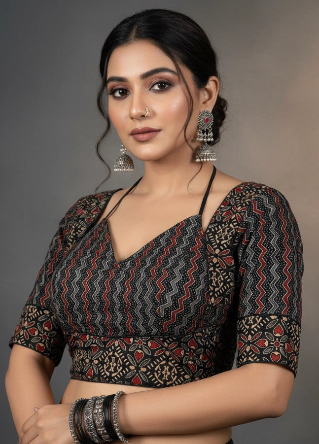 Black Ajrakh-Inspired Padded Cotton Blouse with Zigzag Geometric Motifs, Elbow Sleeve & Back Knot - Black