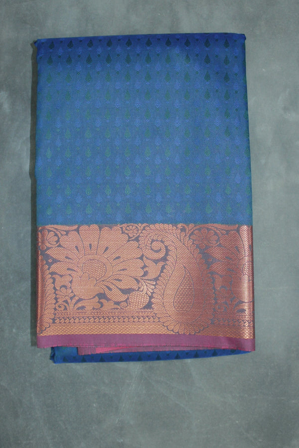 Dark Blue Emboss Silk Saree with Semi Silk Border and Traditional Floral Weave Design - Dark Blue