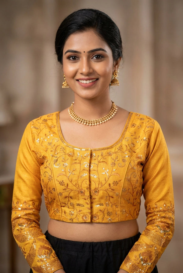 Yellow Sequined Padded Designer Blouse with Full Sleeves and Back Knot, Readymade Stitched - Yellow