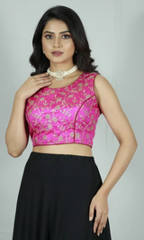 Magenta Designer Padded Blouse with Golden Floral Embroidery, Sleeveless & Back Knot, Fully Stitched